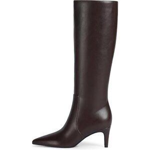 Women Chocolate 1 Tall Boots Pointed Toe Kitten Heel Side Zipper Knee High Boots
